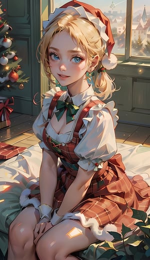 medium shot from waist up, ((1 girl, adorable, happy)), ((slim face)), ((maid, red and green plaid skirt, maid apron, dirndl, short sleeves, puffy sleeves)), ((santa hat)), (blonde hair, two ponytails, blue eyes, makeup), (large breasts, voloptuous), (sweet charm:1.3), falling snow, snowflakes, Christmas medieval village, surrounded by vibrant Christmas lights, sunlight from above to give heavenly feeling, scenery, soft, cozy, glitter.