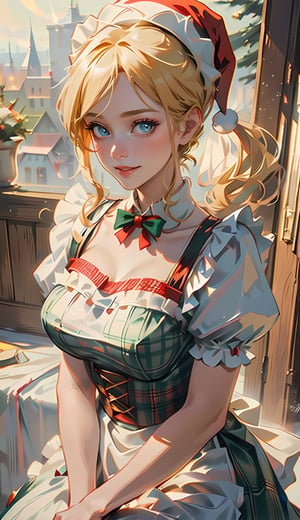 medium shot from waist up, ((1 girl, adorable, happy)), ((slim face)), ((maid, red and green plaid skirt, maid apron, dirndl, short sleeves, puffy sleeves)), ((santa hat)), (blonde hair, two ponytails, blue eyes, makeup), (large breasts, voloptuous), (sweet charm:1.3), falling snow, snowflakes, Christmas medieval village, sunlight from above to give heavenly feeling, scenery, soft, cozy, glitter.