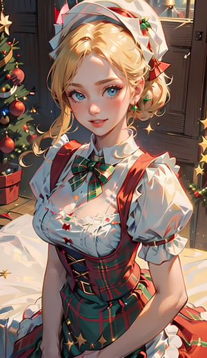 medium shot from waist up, ((1 girl, adorable, happy)), ((slim face)), ((maid, red and green plaid skirt, maid apron, dirndl, short sleeves, puffy sleeves)), ((santa hat)), (blonde hair, two ponytails, blue eyes, makeup), (large breasts, voloptuous), (sweet charm:1.3), falling snow, snowflakes, Christmas medieval village, surrounded by vibrant Christmas lights, sunlight from above to give heavenly feeling, scenery, soft, cozy, glitter.