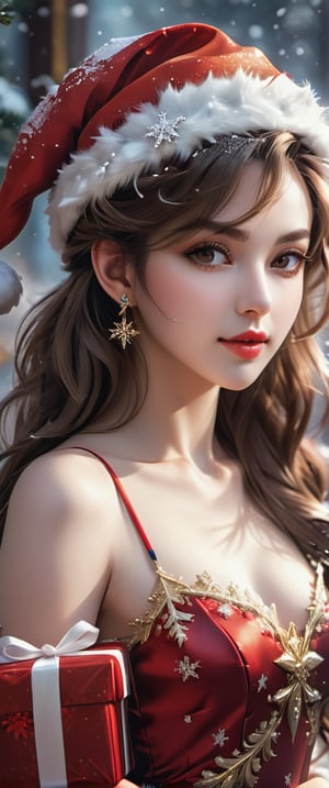 photorealistic portrait, masterpiece, 16k, HD, shot on iphone 14, cinematic lens, high contrast, (vibrant color: 1.4), exquisite tones and texture, siena natural ratio, anime style, high resolution, best quality, beautiful and aesthetic, (HDR: 1.4), sidelighting, cinematic shot, (close up shot), (from the side), a sexy model, brunette, sensual expression that radiates seductivity, pale skin, (perfect face: 1.3), (face details: 1.3), beautiful glistening eyes, long tousled and slightly curled hair, ((snowy background with sparkling snowflakes)), snowflakes, Christmas theme, fantasy, (wearing red Christmas dress), Santa Hat, holding gift box, light from above to give heavenly feeling, detailed background, intricate artwork masterpiece, golden ratio, epic, warm color palette, extremely detailed, (abstract: 1.4), (fractal art: 1.4), (splash art: 1.4), Isilhouette art: 1.4), scenery, bright, color drawing, detailed face, orgasmic, professional, high quality, beautiful, amazing, vintage, behance, photoshoot, 4k, realistic, detailed background, astonishing, fantasy, more detail XL, inst4 style, Anime.