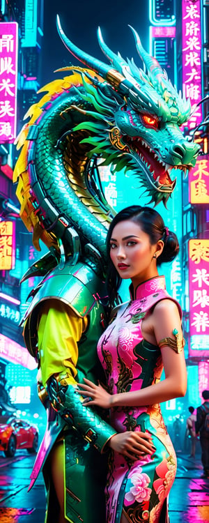 A young Chinese dragon and a girl in traditional qipao, the girl embracing the dragon, set against a cyberpunk background with cyberpunk skyscrapers, futuristic and stylish, neon lighting, high-tech ambiance, vibrant colors, by FuturEvoLab, (masterpiece: 2), best quality, ultra highres, original, extremely detailed, perfect lighting, visually striking cyberpunk elements, culturally rich and immersive environment,Mecha,Chinese Dragon