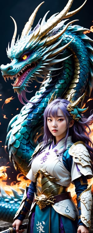 Full body, paradise, Korean girl, human face, dragon skin, dragon scale pattern, holding a dragon-headed bronze sword, long wavy purple hair, dragon beard, complex background, Chinese dragon, blue fireballs ejected from the dragon's mouth, white decorative battle uniform