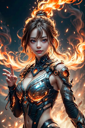 fire goddess dancing, waiving hands, fire elemental effect everywhere, detailed exquisite face, playful smirks, realistic, intricate, upper body, cinematic lighting, 1 girl, kwon-nara,Cyberpunk