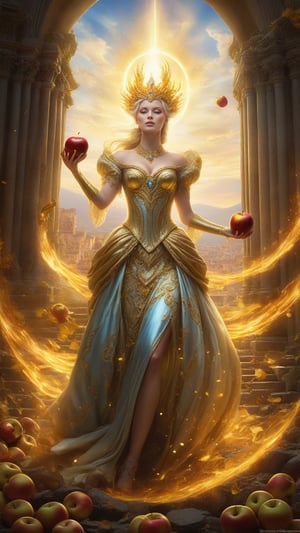 best quality, masterpiece,	
Amidst the ruins of a once-grand temple, Eris revels in her discord, her gown a whirlwind of rococo flair and chaos, mirroring the tumult she brings. Golden apples of discord gleam at her feet, a testament to her power to challenge and provoke.

ultra realistic illustration, siena natural ratio, ultra hd, realistic, vivid colors, highly detailed, UHD drawing, perfect composition, ultra hd, 8k, he has an inner glow, stunning, something that even doesn't exist, mythical being, energy, molecular, textures, iridescent and luminescent scales, breathtaking beauty, pure perfection, divine presence, unforgettable, impressive, breathtaking beauty, Volumetric light, auras, rays, vivid colors reflects.,LegendDarkFantasy