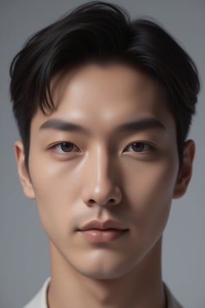 Close-up shot of a handsome Japanese male model, sharp jawline, expressive eyes, perfect skin texture, well-groomed hair, soft lighting to emphasize facial features, neutral gray background, highly detailed, photorealistic portrait, intense focus on facial structure,FuturEvoLabBeautify