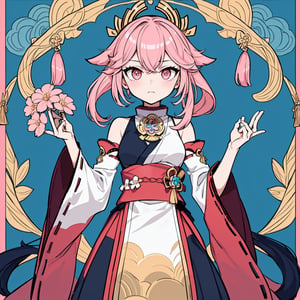 masterpiece, best quality, 1girl, flowers, flat color, lineart, abstract, ornate, ((gold and blue theme)), rond shape border, yae Genshin, (((pink hair))),yaemikodef,Yae miko