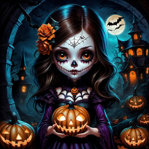 A beautiful female horror character with a Halloween theme, highly detailed, cinematic lighting, dark and eerie atmosphere, dramatic shadows, digital painting, inspired by the works of artists like Victoria Francés and Jasmine Becket-Griffith.
