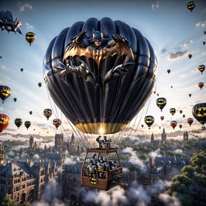 hot air ballon, batman, photorealism, highly detailed, hdr, 8 k, hyper detailed, ultra sharp - - ar 1 6 : 9