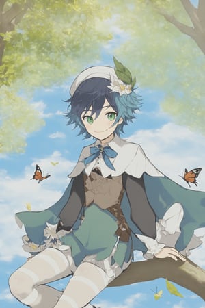 1boy, male focus, solo, hat, braid, green headwear, multicolored hair, gradient hair, butterfly, pantyhose, long sleeves, outdoors, bug, blue hair, black hair, leaf, bangs, bow, twin braids, cape, green eyes, frilled sleeves, shorts, beret, sitting, sky, day, green shorts, tree, smile, flower, shirt, cloud, white shirt, green cape, white flower, frills, short hair with long locks, white pantyhose, collared cape, corset, closed mouth, side braids, argyle, cloudy sky, jewelry, in tree, argyle legwear, collared shirt, vision \(genshin impact\), sidelocks, looking at viewer, sitting in tree, blue sky, androgynous, gem