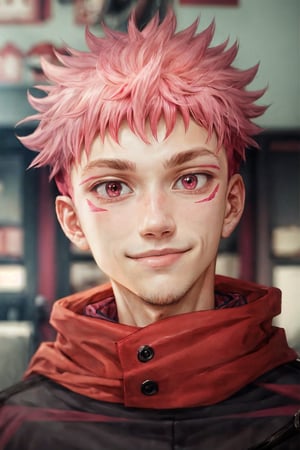 17 years old man, 1boy , blurry_background , depth_of_field , solo , male_focus , looking_at_viewer , smile , pink_hair , red_scarf