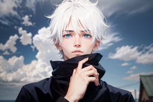 depth_of_field, blurry_foreground,sky,1boy,white_hair,cloud,solo,blurry_background,blue_eyes,male_focus,cloudy_sky,looking_at_viewer,blue_sky,long_sleeves,day,bangs,outdoors,pper_body