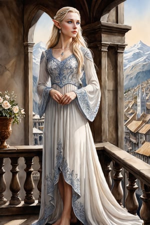  closeup. watercolor by Allan Lee. watercolor. Tolkien illustration. Queen of Gondolin.  beautiful female elf. pointy ears,  long blonde hair. blue eyes. pale white skin. long slender face. intricate white dress. elegant dress. modest dress. historically accurate dress. medieval era. long blonde hair. barefoot. white elven city. standing on the balcony.,Feet,Foot,perfect,perfection,oil painting