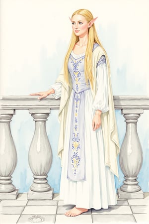  closeup. watercolor by Allan Lee. watercolor. Tolkien illustration. Queen of Gondolin.  beautiful female elf. pointy ears.  long blonde hair. blue eyes. pale white skin. long slender face. intricate white dress. elegant dress. modest dress. historically accurate dress. medieval era. long blonde hair. barefoot. white elven city. standing on the balcony.