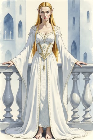  closeup. watercolor by Allan Lee. watercolor. Tolkien illustration. Queen of Gondolin.  beautiful female elf. elven ears.  long blonde hair. blue eyes. pale white skin. long slender face. intricate white dress. elegant dress. modest dress. historically accurate dress. medieval era. long blonde hair. barefoot. white elven city. standing on the balcony.