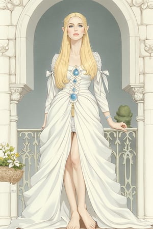  closeup. watercolor by Allan Lee. watercolor. Tolkien illustration. Queen of Gondolin.  beautiful female elf.  long blonde hair. blue eyes. pale white skin. long slender face. intricate white dress. elegant dress. modest dress. historically accurate dress. medieval era. long blonde hair. barefoot. white elven city. standing on the balcony.