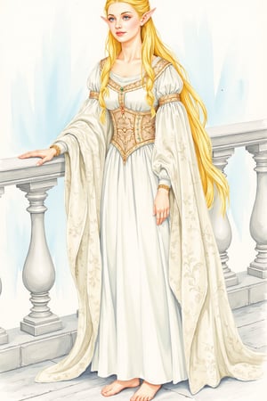  closeup. watercolor by Allan Lee. watercolor. Tolkien illustration. Queen of Gondolin.  beautiful female elf. pointy ears.  long blonde hair. blue eyes. pale white skin. long slender face. intricate white dress. elegant dress. modest dress. historically accurate dress. medieval era. long blonde hair. barefoot. white elven city. standing on the balcony.