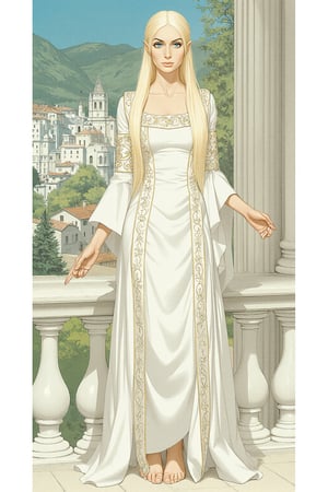  closeup. watercolor by Allan Lee. watercolor. Tolkien illustration. Queen of Gondolin.  beautiful female elf.  long blonde hair. blue eyes. pale white skin. long slender face. intricate white dress. elegant dress. modest dress. historically accurate dress. medieval era. long blonde hair. barefoot. white elven city. standing on the balcony.