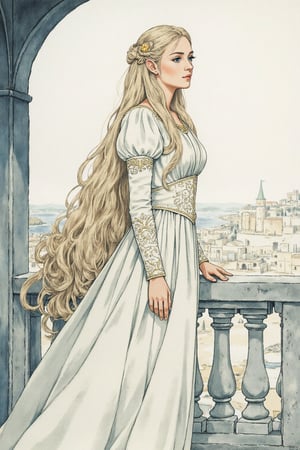  closeup. watercolor by Allan Lee. watercolor. Tolkien illustration. Queen of Gondolin.  beautiful female elf.  long blonde hair. blue eyes. pale white skin. long slender face. intricate white dress. elegant dress. modest dress. historically accurate dress. medieval era. long blonde hair. barefoot. white elven city. standing on the balcony.