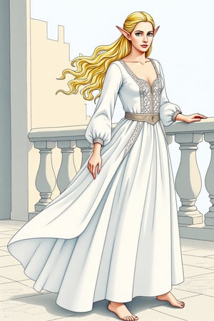  closeup. watercolor by Allan Lee. watercolor. Tolkien illustration. Queen of Gondolin.  beautiful female elf. pointy ears.  long blonde hair. blue eyes. pale white skin. long slender face. intricate white dress. elegant dress. modest dress. historically accurate dress. medieval era. long blonde hair. barefoot. white elven city. standing on the balcony.