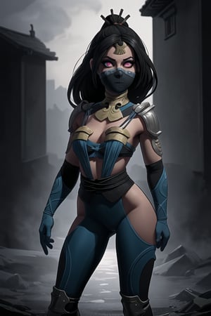 High resolution, extremely detailed, atmospheric scene, masterpiece, best quality, 64k, high quality, (HDR), HQ, kitana, long hair, malicious eyes, mouth_mask, standing, (ultra realistic), (high detail skin), ,