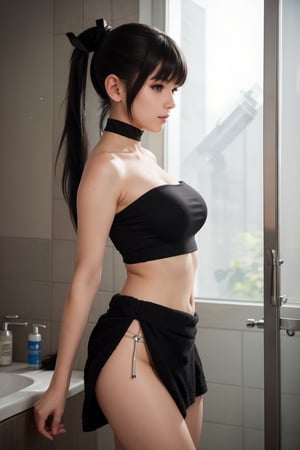 (highest resolution, distinct_image) Best quality, single person, Eve (Stellar Blade), solo, masterpiece, highly detailed, semi realistic, ((((black_hair, long_ponytail, bangs)))), 38 years old, shy girl, very detailed and natural round medium breasts, hint of cleavage, cute, blushing, gentle smile, perfect body anatomy, slender but curve, cute and sexy, shy, big_hips, bathroom, ((towel_croptop_shoulderless, towel_skirt)), frontal_view