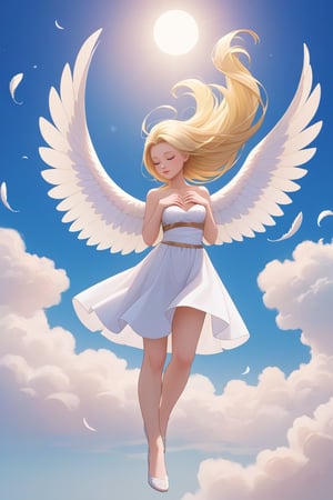 Mix Art Styles, beautiful angel, serene_face, ((iluminated body from sky)), cleavaged suitbody, legless_skirt, white back wings, closed eyes, fullbody shot, floating_hair, blonde hair, floating,