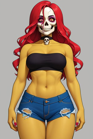 Mix Art Styles, beautiful zombie lady, skull_face, ((rotted body flesh)), strapless croptop, denim_shorts, climax face, fullbody shot,