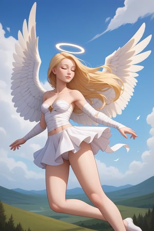 Mix Art Styles, beautiful angel, serene_face, ((iluminated body from sky)), cleavaged suitbody, legless_skirt, white back wings, closed eyes, fullbody shot, floating_hair, blonde hair, floating,