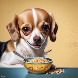 a chihuahua dog eating cereal with spoon inside of thebackrooms,(masterpiece), (best quality), (ultra detailed), (intricate), (highly detailed), (detailed background),more detail XL,wide angle exterior background logo, autograph,artist_signature