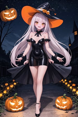 masterpiece, best quality, 1girl, solo,  blanc, fake animal ears, skinny, mature_female, blush, smile, hand up, highheels, waving, very long hair, bloom, bright lights, glowing, lens flare, full body, long legs, standing,(masterpiece), hall0ween, 1girl, standing, pumpkin patch, witch costume, arms outstretched, (black-orange latex dress), top view, glowing jack-o’-lanterns, mischievous smile, witch hat, moonlit sky, flying bats, halloween magic, starry night.