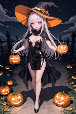 masterpiece, best quality, 1girl, solo,  blanc, fake animal ears, skinny, mature_female, blush, smile, hand up, highheels, waving, very long hair, bloom, bright lights, glowing, lens flare, full body, long legs, standing,(masterpiece), hall0ween, 1girl, standing, pumpkin patch, witch costume, arms outstretched, (black-orange pumpkin latex dress), top view, glowing jack-o’-lanterns, mischievous smile, witch hat, moonlit sky, flying bats, halloween magic, starry night.