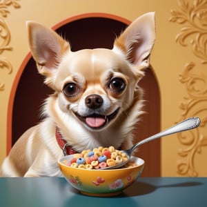 a chihuahua dog eating cereal with spoon inside of thebackrooms,(masterpiece), (best quality), (ultra detailed), (intricate), (highly detailed), (detailed background),more detail XL,wide angle exterior background logo, autograph,artist_signature