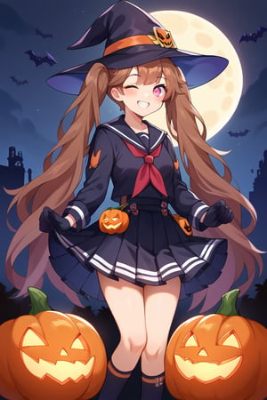 score_9, score_8_up, score_7_up, score_6_up, score_5_up, score_4_up, source_anime, (masterpiece, best quality), witch, hat, witch hat, dress, halloween, halloween costume, jewelry,, night, moon, blush, smile, one eye closed,, looking at viewer,MRNDNKK, PINK EYES, BROWN HAIR,TWINTAILS, VERY LONG HAIR, BANGS, SAILOR COLLAR,SERAFUKU, RED NECKERCHIEF, BLACK GLOVES, PLEATED SKIRT