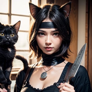 (cat:1.3),evil,ninja.cat_girl,holding_kunai,kunoichi, photorealistic,ninja,black_cat