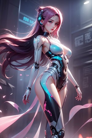 ((Two futuristic female androids)) with long, flowing pink hair, wearing sleek, high-tech headphones. Their bodies are designed with glossy, transparent materials, showcasing intricate mechanical details. They stand side by side in a muted, cyberpunk environment with soft pastel colors. The overall vibe is high-tech and futuristic.
