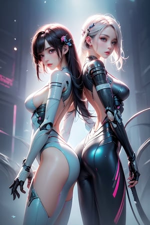 ((Two futuristic female androids)) with long, flowing pink hair, wearing sleek, high-tech headphones. Their bodies are designed with glossy, transparent materials, showcasing intricate mechanical details. They stand side by side in a muted, cyberpunk environment with soft pastel colors. The overall vibe is high-tech and futuristic.
