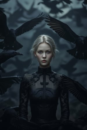 A sexy 22 year old model with pale skin and short platinum blonde hair stares directly at the viewer from the center of a swirling mass of dark blue eyed birds, likely crows or ravens. The atmosphere is moody and surreal, with a limited color palette dominated by blacks and deep grays, creating a sense of enclosure and mystery. The figure wears a tight, dark, sexy outfit that blends into the surroundings, highlighting the contrast between their fair skin and the dark feathers surrounding them.