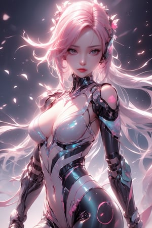 Sexy Pose , (masterpiece), A futuristic female android with long, flowing pink hair, wearing sleek, high-tech headphones. Her body is designed with a glossy, transparent material, showcasing intricate mechanical details. The background features a muted, cyberpunk aesthetic with soft pastel colors. The overall vibe is high-tech and futuristic,girl,1 girl