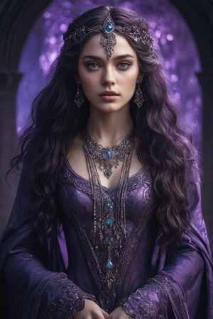 A portrait of a beautiful girl in dark fantasy style, set against a fantastical world background. The girl has an ethereal, mysterious aura with intricate dark clothing and accessories. She has deep, expressive eyes, possibly with a slight glow or unusual color (like violet or silver). Her long, wavy hair is dark (black or deep brown), possibly with braids or adorned with accessories. She wears dark, elaborate attire with elements of armor or decorative details such as lace, chains, or gemstones. She is adorned with dark jewelry, such as a necklace, earrings, or a diadem.