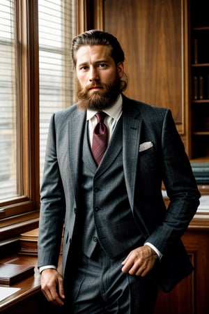 (masterpiece), raw, photo of a man, tired look, raw photo, (1600:1.5) year old, retro photo, behind a desk, realism, photography, (cinematic lighting), image of a clerk, big beard, handsome face, brown eyes, (vintage three piece suit), (black suit), (low key), muted colors.