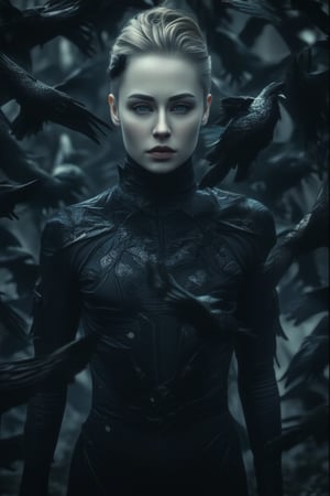 A pale skinned sexy model with short platinum blonde hair looks directly at the viewer from the center of a swirling mass of dark blue eyed birds, likely crows or ravens. The atmosphere is moody and surreal, with a limited color palette dominated by blacks and deep grays, creating a sense of enclosure and mystery. The figure wears a tight dark sexy outfit that blends into the surroundings, highlighting the contrast between their light skin and the dark feathers surrounding them.