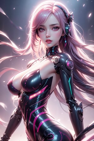 Two futuristic female androids with long, flowing pink hair, wearing sleek, high-tech headphones. Their bodies are designed with glossy, transparent materials, showcasing intricate mechanical details. They stand side by side in a muted, cyberpunk environment with soft pastel colors. The overall vibe is high-tech and futuristic.
