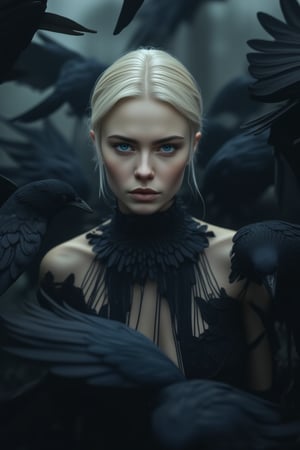 A sexy 22 year old model with pale skin and short platinum blonde hair stares directly at the viewer from the center of a swirling mass of dark blue eyed birds, likely crows or ravens. The atmosphere is moody and surreal, with a limited color palette dominated by blacks and deep grays, creating a sense of enclosure and mystery. The figure wears a tight, dark, sexy outfit that blends into the surroundings, highlighting the contrast between their fair skin and the dark feathers surrounding them.