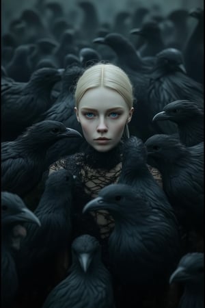 A sexy 22 year old model with pale skin and short platinum blonde hair stares directly at the viewer from the center of a swirling mass of dark blue eyed birds, likely crows or ravens. The atmosphere is moody and surreal, with a limited color palette dominated by blacks and deep grays, creating a sense of enclosure and mystery. The figure wears a tight, dark, sexy outfit that blends into the surroundings, highlighting the contrast between their fair skin and the dark feathers surrounding them.