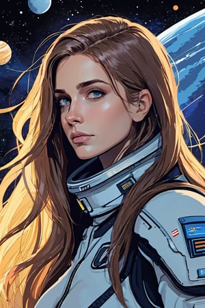 portrait of a woman, long hair, space theme, dfdd, 2d animated, niji 5