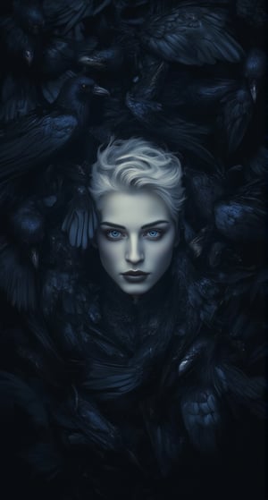 A pale-skinned figure with short, platinum blonde hair gazes directly at the viewer from the center of a swirling mass of dark birds, blue colored eyes, likely crows or ravens. The atmosphere is moody and surreal, with a limited color palette dominated by blacks and deep grays, creating a sense of confinement and mystery. The figure wears a form-fitting, dark outfit that blends into the surroundings, emphasizing the contrast between their fair skin and the dark feathers surrounding them.