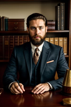(masterpiece), raw, photo of a man, (tired look), raw photo, (1600:1.5) year old, retro photo, behind a desk, realism, photography, (cinematic lighting), image of a clerk, big beard, handsome face, brown eyes, (vintage three piece suit), (black suit), (low key), muted colors.