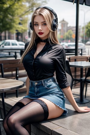 RAW photo, masterpiece, photorealistic, (full length), girl, gorgeous 20-year-old girl, elegant model, posing for a photo, sitting at a table in a summer cafe, (leg to foot: 1.5), (busy cafe), gorgeous photo shoot , many details, evening sun, (perfect slim body), (chest size one), blond hair, in a black tight shirt with a high collar, (decollete), denim skirt with sides, stockings, with headphones, sneakers,