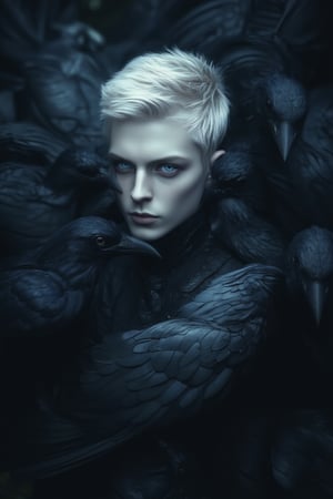 A pale-skinned figure with short, platinum blonde hair gazes directly at the viewer from the center of a swirling mass of dark birds, blue colored eyes, likely crows or ravens. The atmosphere is moody and surreal, with a limited color palette dominated by blacks and deep grays, creating a sense of confinement and mystery. The figure wears a form-fitting, dark outfit that blends into the surroundings, emphasizing the contrast between their fair skin and the dark feathers surrounding them.