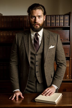 (masterpiece), raw, photo of a man, tired look, raw photo, (1600:1.5) year old, retro photo, behind a desk, realism, photography, (cinematic lighting), image of a clerk, big beard, handsome face, brown eyes, (vintage three piece suit), (black suit), (low key), muted colors.